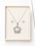 Silver Pearl Flower Necklace &amp; Earrings Set 🌸✨