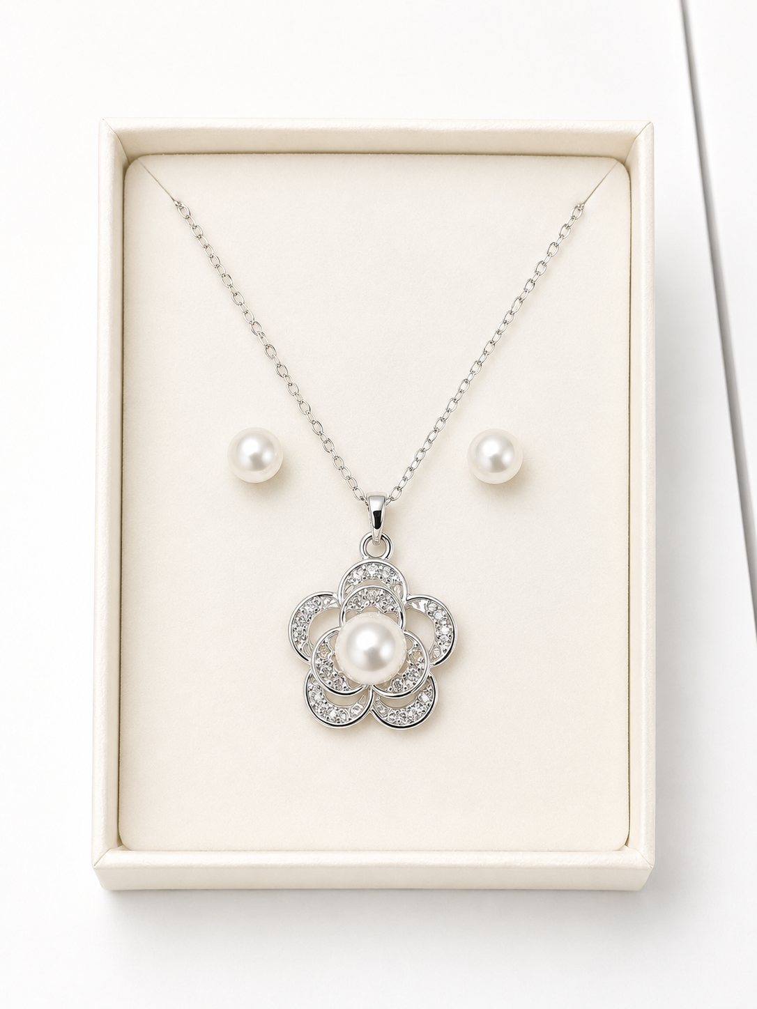 Silver Pearl Flower Necklace &amp; Earrings Set 🌸✨