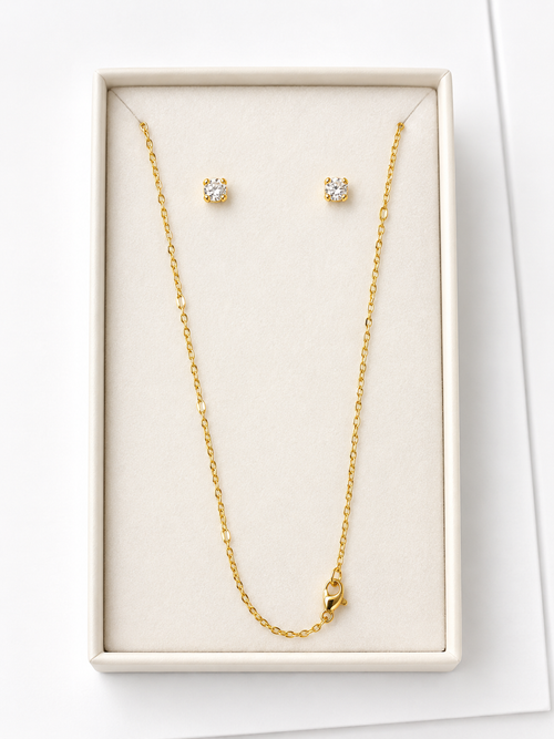Gold Crystal Necklace &amp; Stud Earrings Set